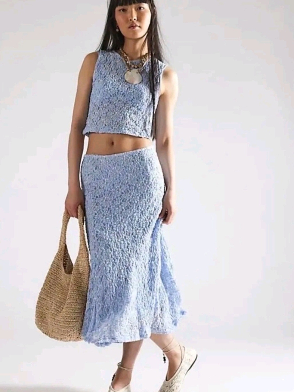 Free People Laney Light Blue Textured Midi Skirt Set Sz M